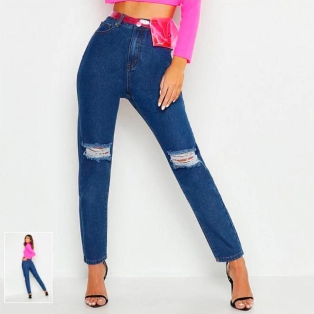 Boohoo High Rise Distressed Straight Leg Jeans Size 8